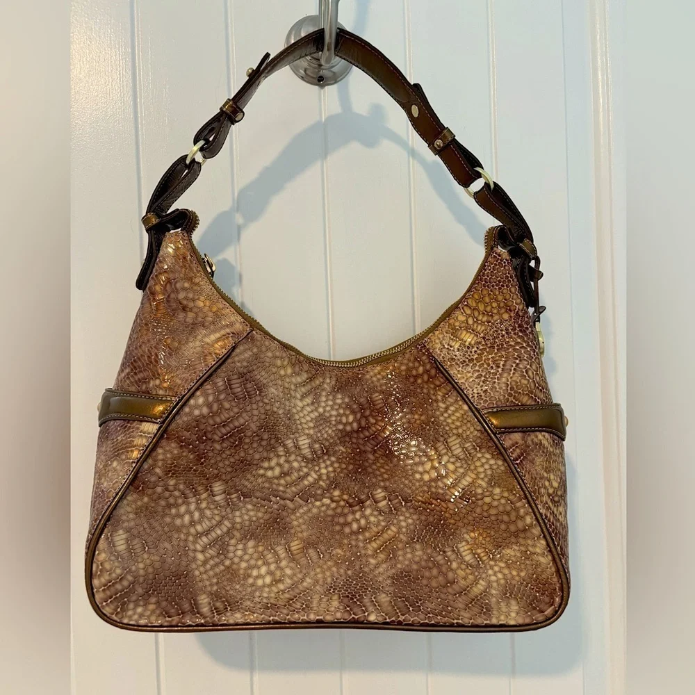 Brahmin Croc Embossed Hobo Shoulder Bag Vintage Y2K Brown Gold Accents